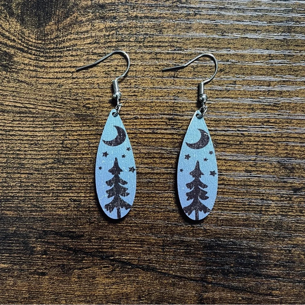 🟢 FREE WITH ANY PURCHASE OVER $10. Pine Tree Star Moon Earrings Wood Blue, Black